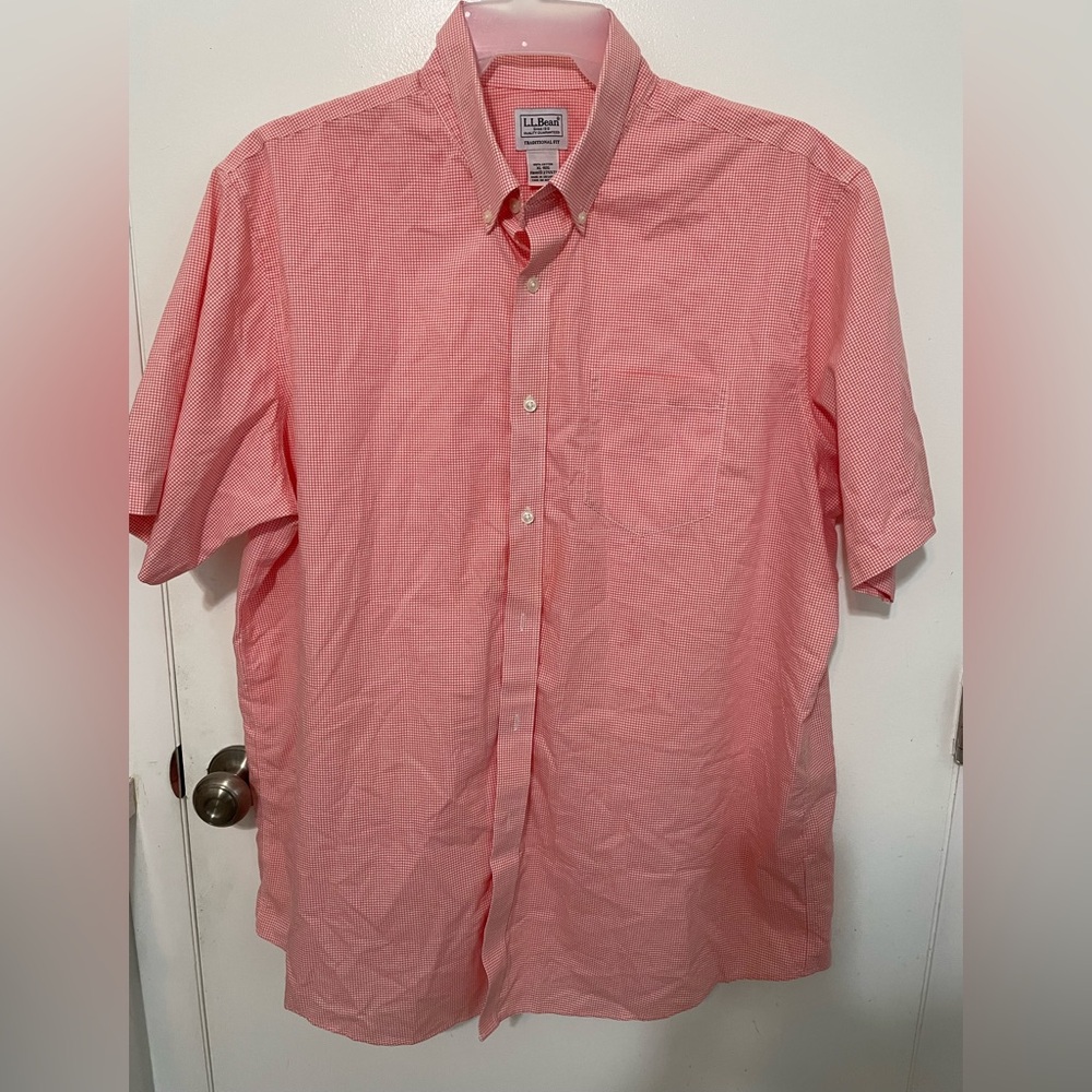 L. L. Bean Traditional fit Button down short Sleeve pink white gingham Shirt XL